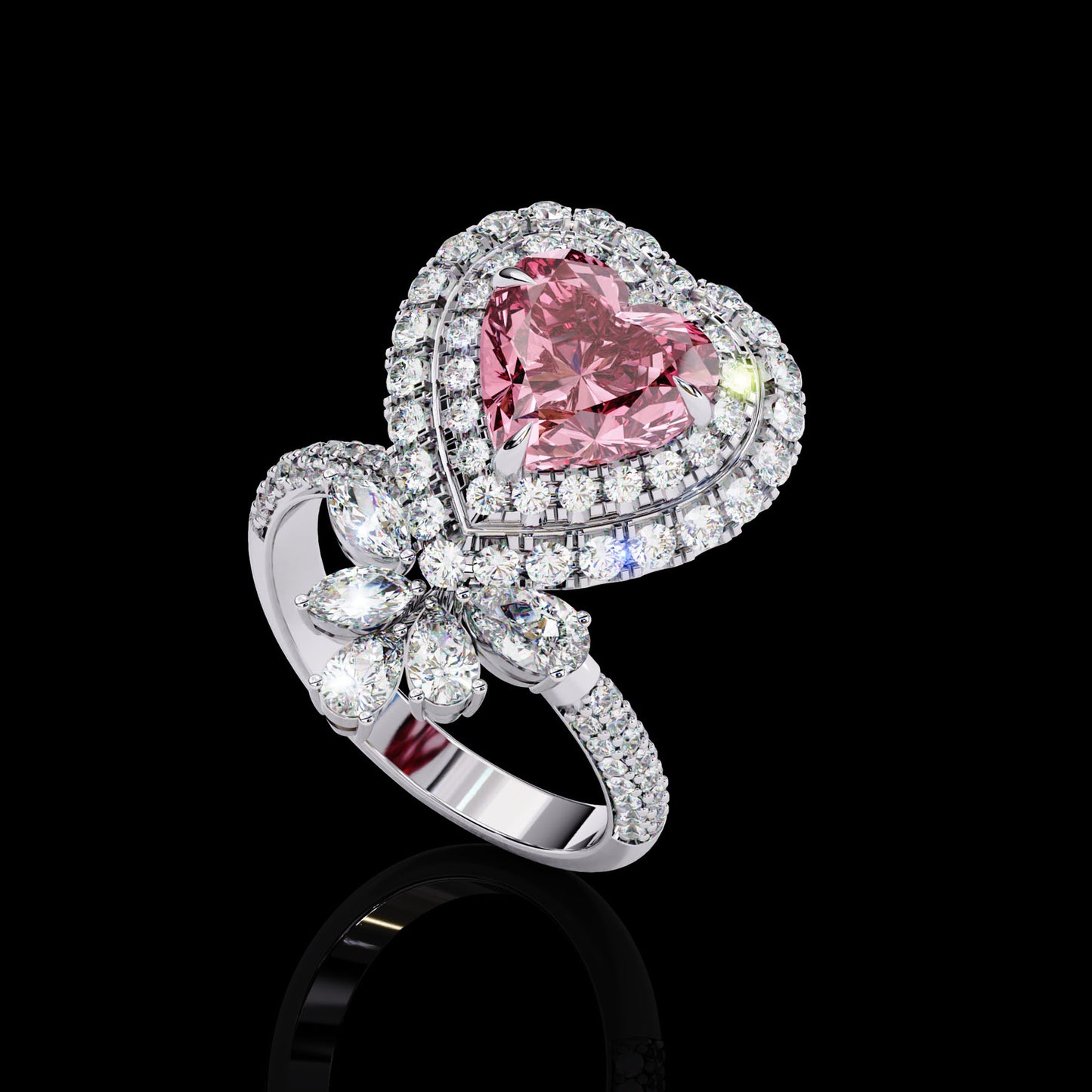 Main Stone
Color : FG
Clarity: VVS-VS
Shape: HEART
Carat Weight Main Stone : 2.58CT
Carat Weight Side Stone : 1.43CT
Type: Lab-Grown Diamond
SKU:MP13S
JewelleRosy Heart Cut Engagement Ring White Gold