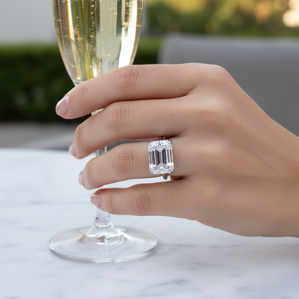 Emerald Cut Hidden Halo Solitaire Ring White Gold