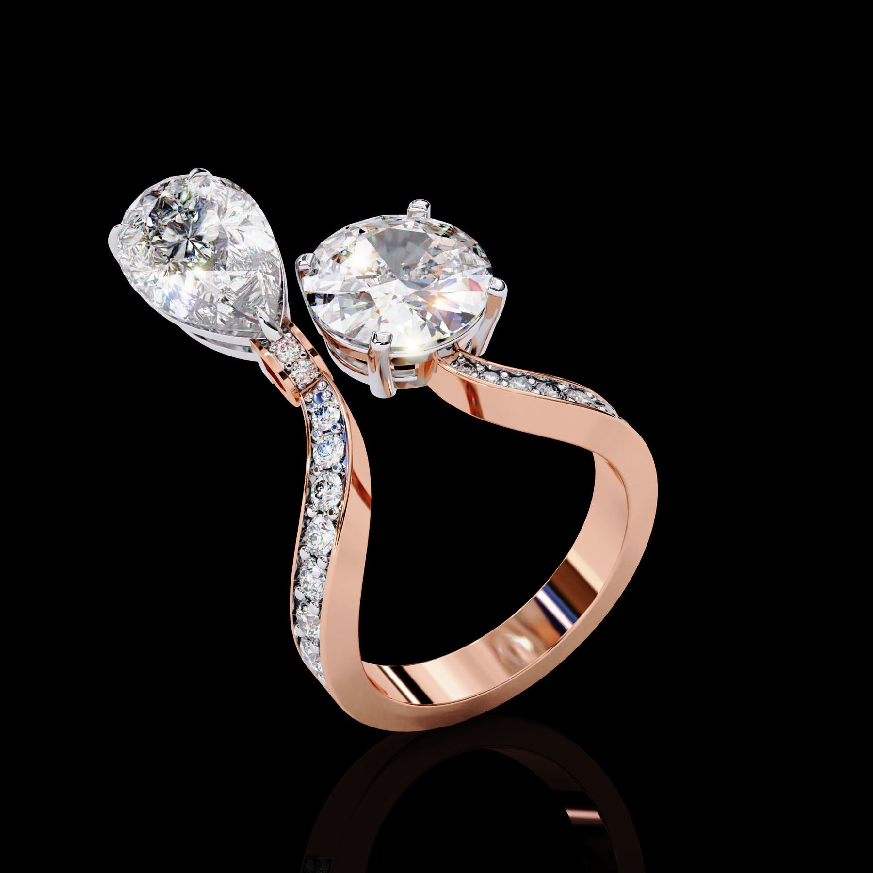 Pear and Round Toi Et Moi Love Ring Rose Gold