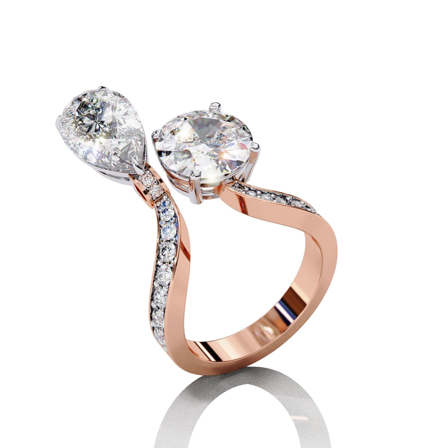 Pear and Round Toi Et Moi Love Ring Rose Gold