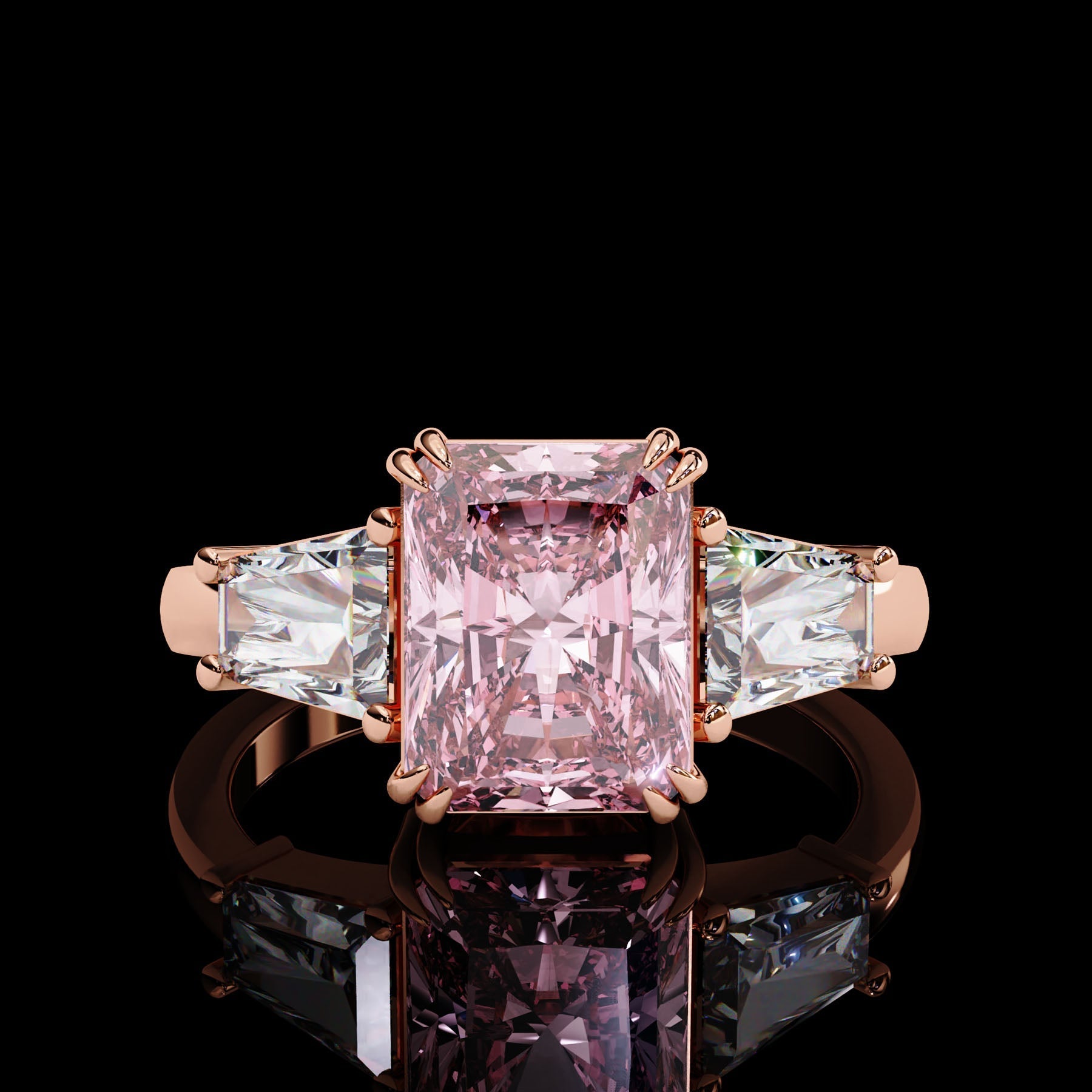 Adorned Opera Three Stone Pink Emerlad Lab Diamond Ring Rose Gold