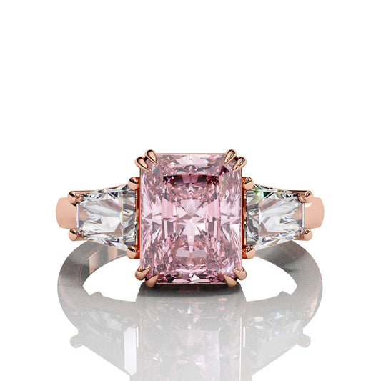 Adorned Opera Three Stone Pink Emerlad Lab Diamond Ring Rose Gold