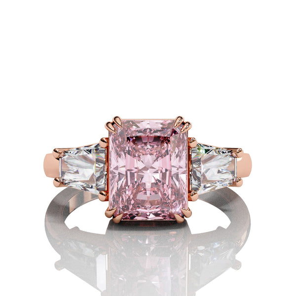 Adorned Opera Three Stone Pink Emerlad Lab Diamond Ring Rose Gold