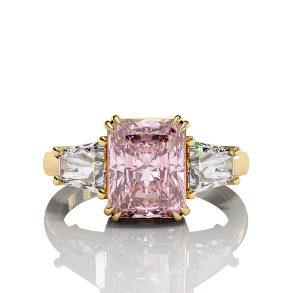 Adorned Opera Three Stone Pink Emerlad Lab Diamond Ring Yellow Gold