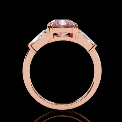 Adorned Opera Three Stone Pink Emerlad Lab Diamond Ring Rose Gold
