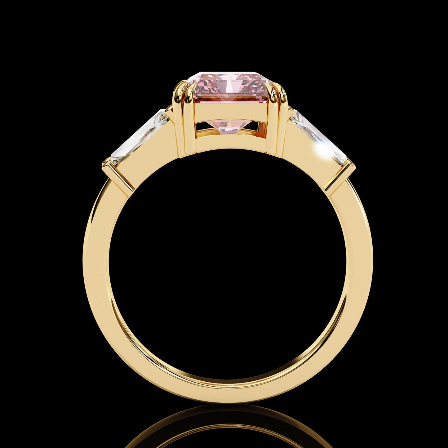 Adorned Opera Three Stone Pink Emerlad Lab Diamond Ring Yellow Gold