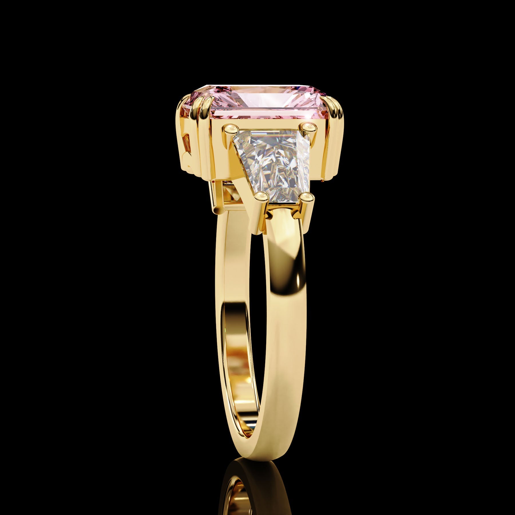 Adorned Opera Three Stone Pink Emerlad Lab Diamond Ring Yellow Gold