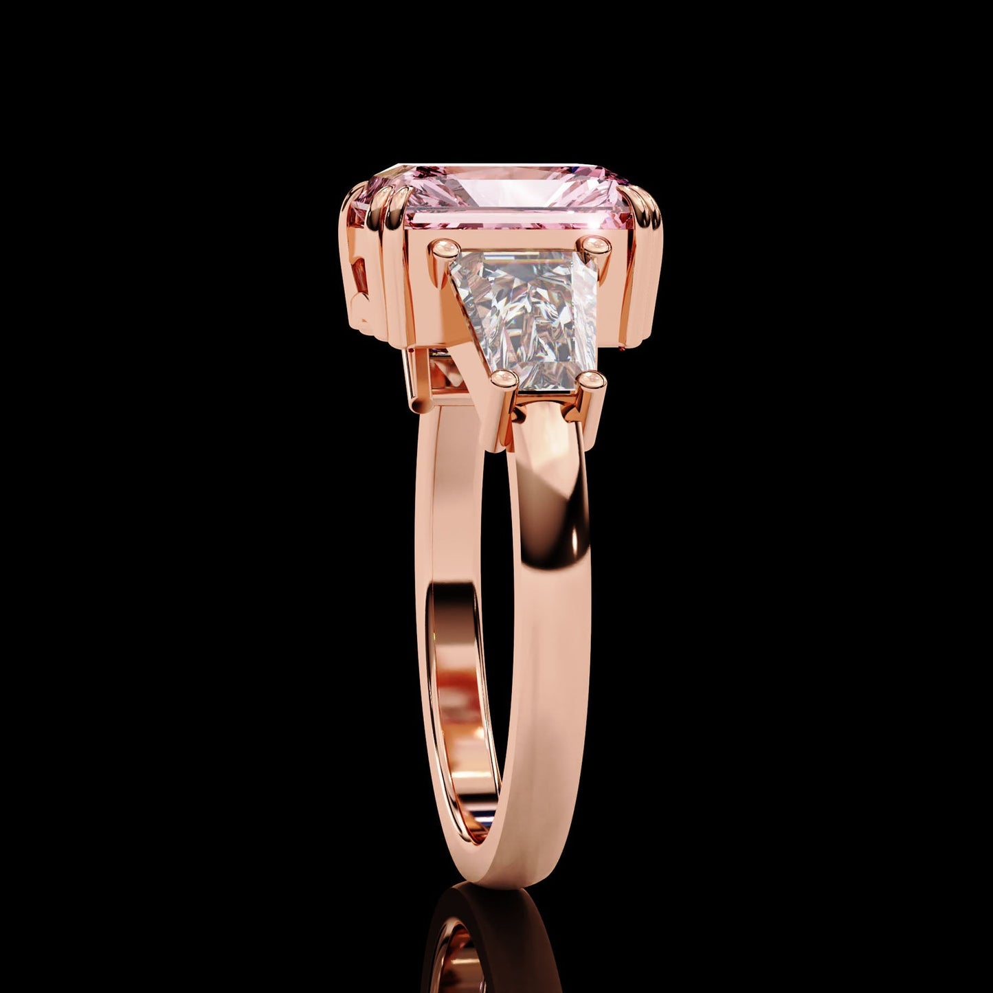 Adorned Opera Three Stone Pink Emerlad Lab Diamond Ring Rose Gold