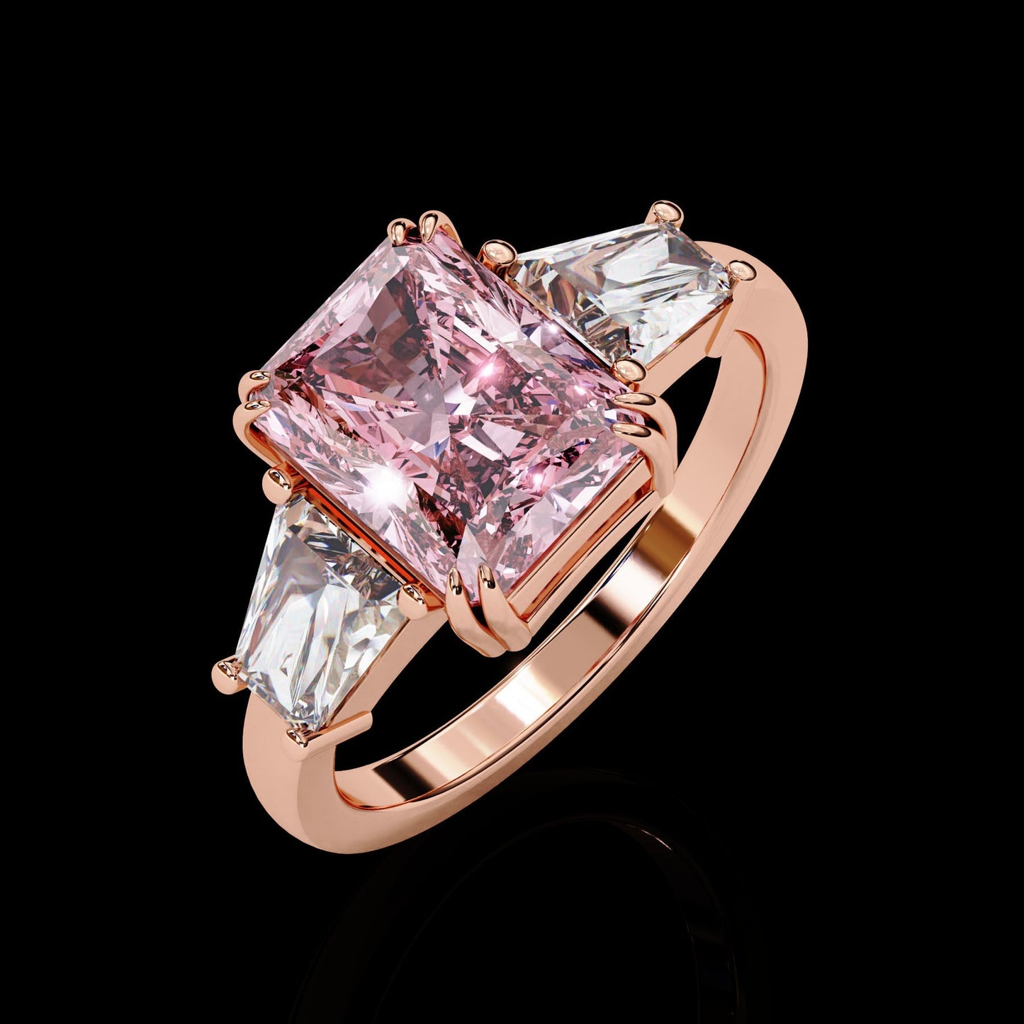 Adorned Opera Three Stone Pink Emerlad Lab Diamond Ring Rose Gold