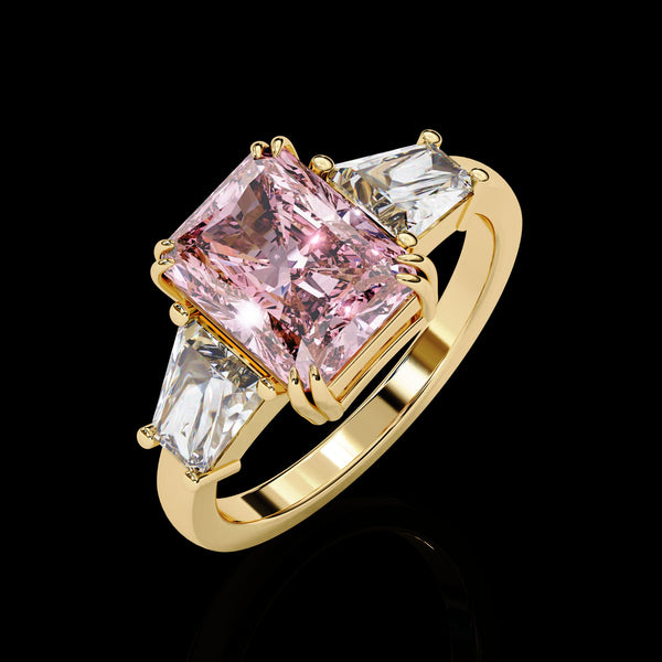 Adorned Opera Three Stone Pink Emerlad Lab Diamond Ring Yellow Gold