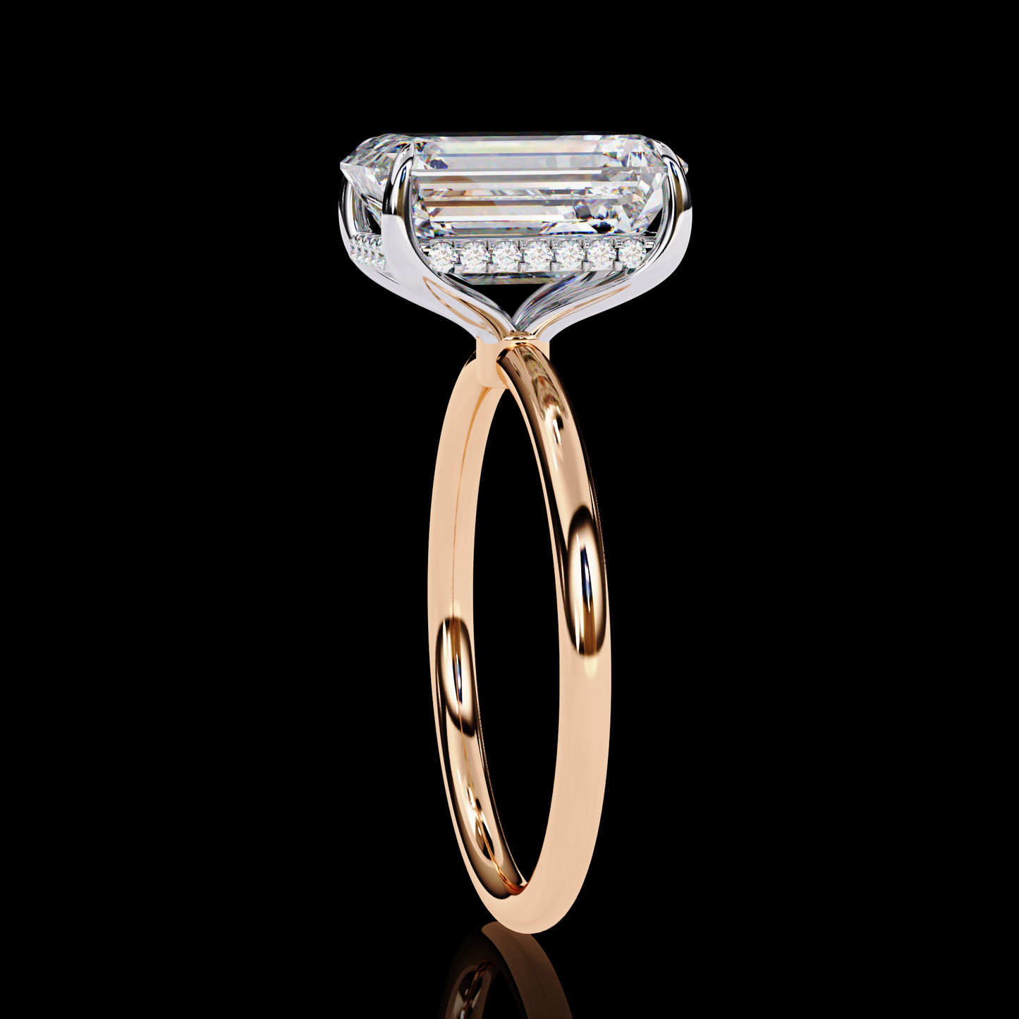 Emerald Cut Hidden Halo Solitaire Ring Rose Gold