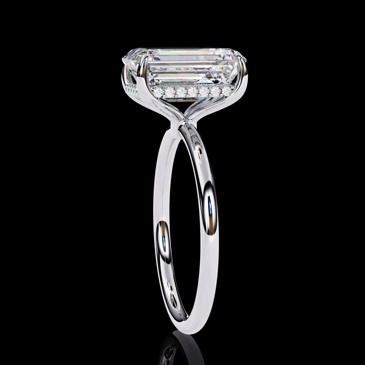 Emerald Cut Hidden Halo Solitaire Ring White Gold