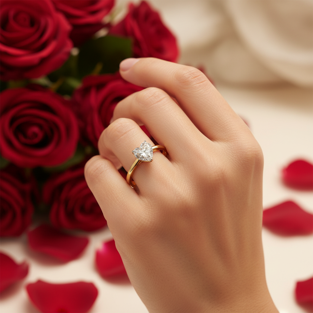 Heart-shaped diamond engagement ring with romantic rose proposal scene