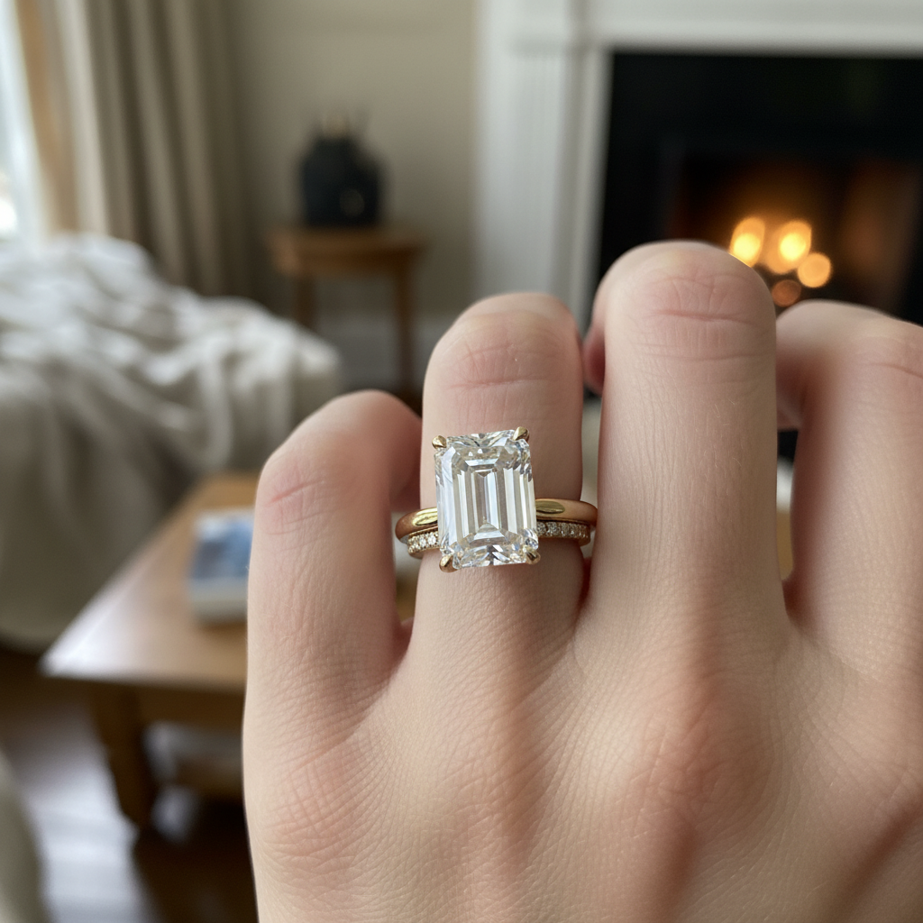 Customer review style photo - woman wearing 2.50ct emerald cut hidden halo diamond ring gold