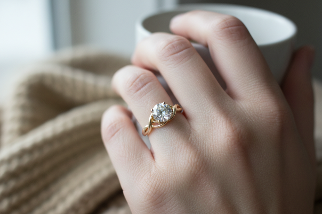 Hyper-realistic UGC customer review photo - woman wearing 1.29ct Melody round diamond solitaire ring gold