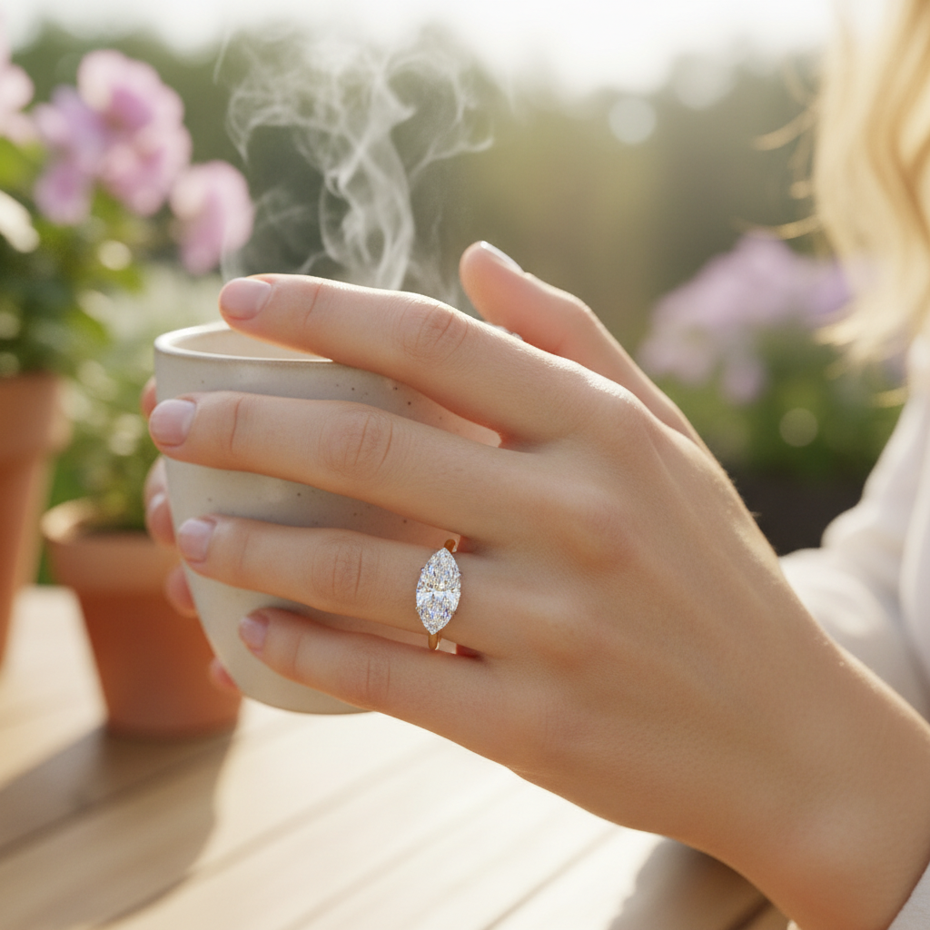 Customer review style photo - woman wearing marquise cut diamond solitaire ring gold