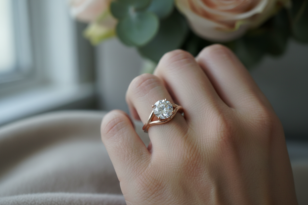 Hyper-realistic UGC customer review photo - woman wearing 1.40ct Aveline round diamond solitaire ring rose gold
