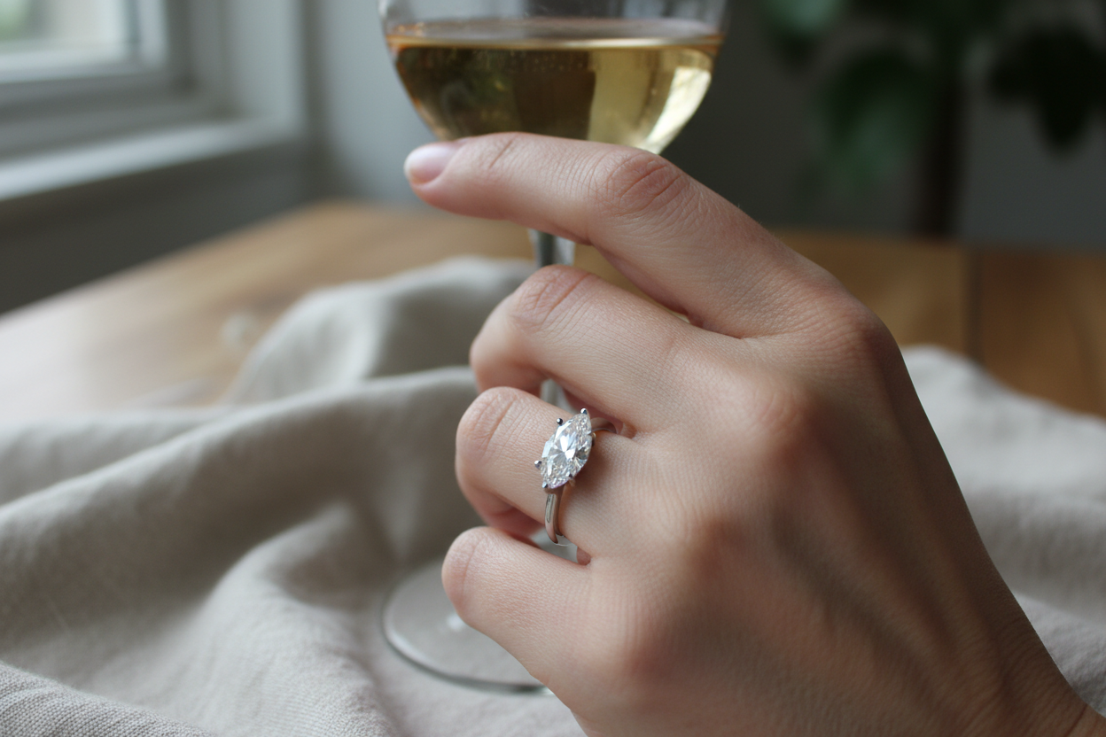 Hyper-realistic UGC customer review photo - woman wearing 0.86ct marquise cut diamond solitaire ring white gold