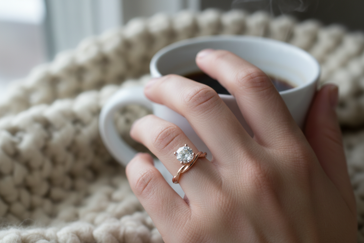 Hyper-realistic UGC customer review photo - woman wearing 1.29ct twisted vine round diamond solitaire ring rose gold