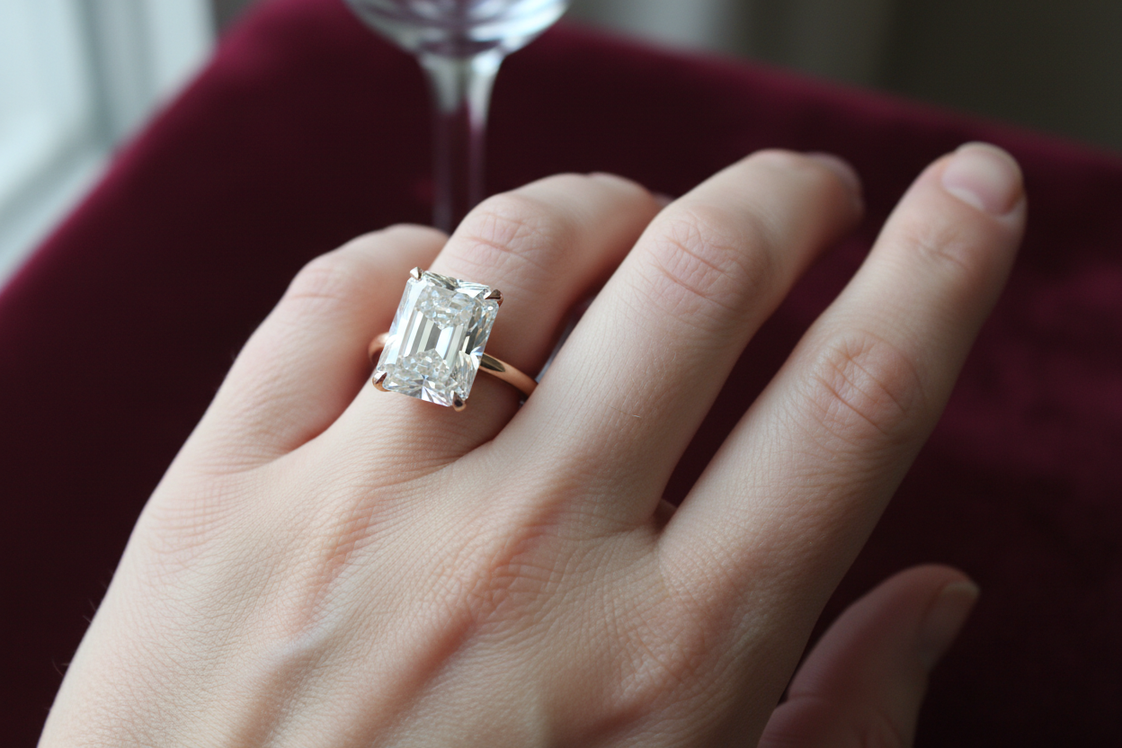 Hyper-realistic UGC customer review photo - woman wearing 3.03ct radiant cut diamond solitaire ring rose gold