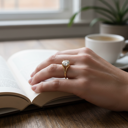 Woman wearing 1.29ct round brilliant diamond cathedral solitaire engagement ring in gold - customer review photo