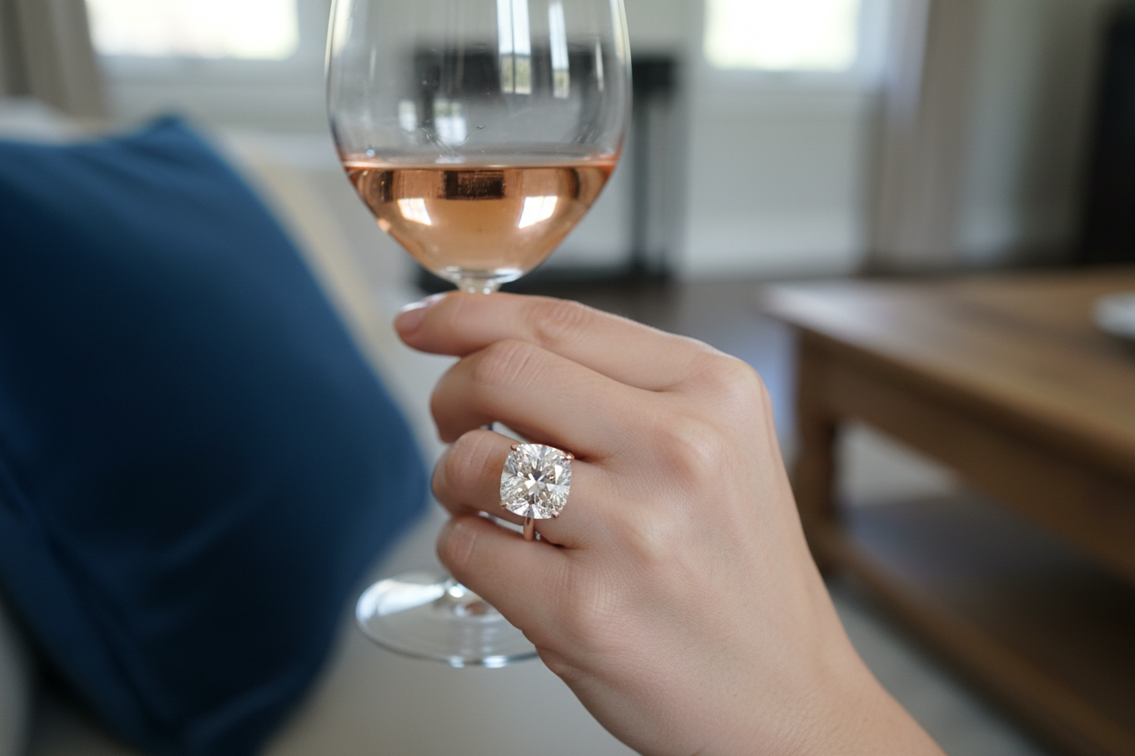 Hyper-realistic UGC customer review photo - woman wearing 2.76ct cushion cut diamond solitaire ring rose gold