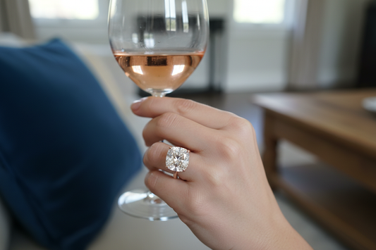 Hyper-realistic UGC customer review photo - woman wearing 2.76ct cushion cut diamond solitaire ring rose gold
