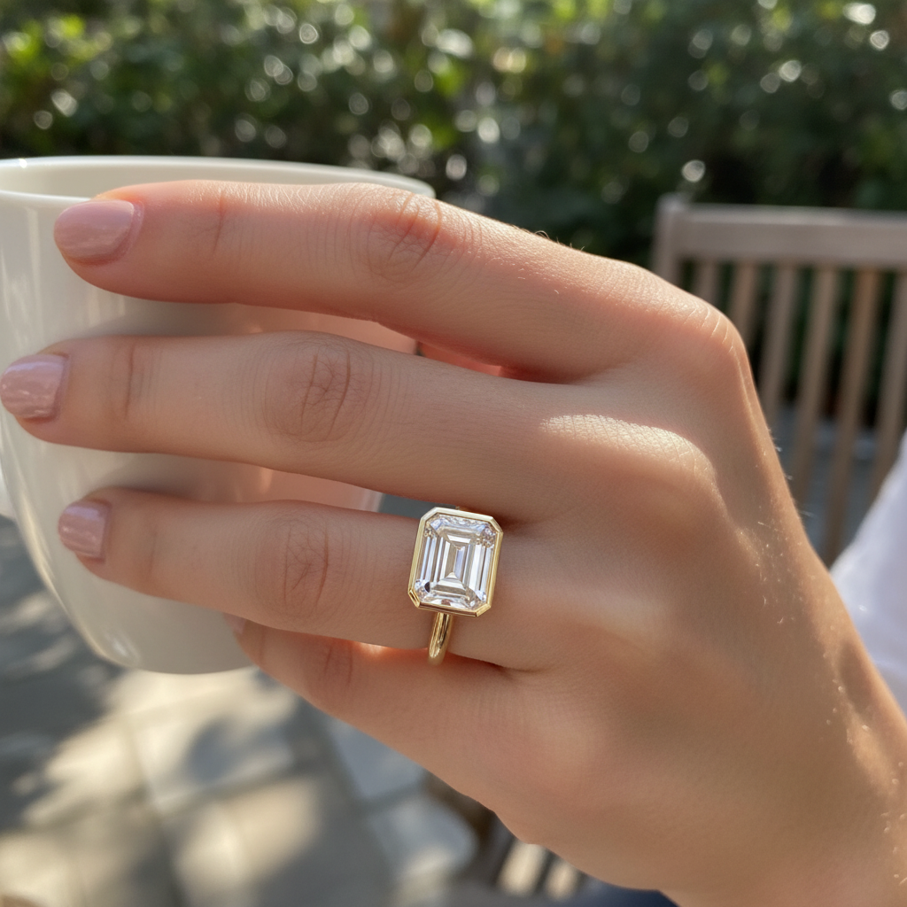 Customer review style photo - woman wearing 1.41ct emerald cut diamond solitaire ring gold