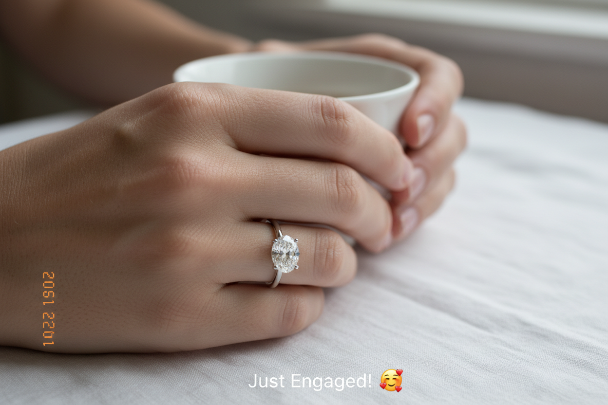 Hyper-realistic UGC customer review photo - woman wearing 1.20ct elegant oval cut diamond solitaire ring white gold