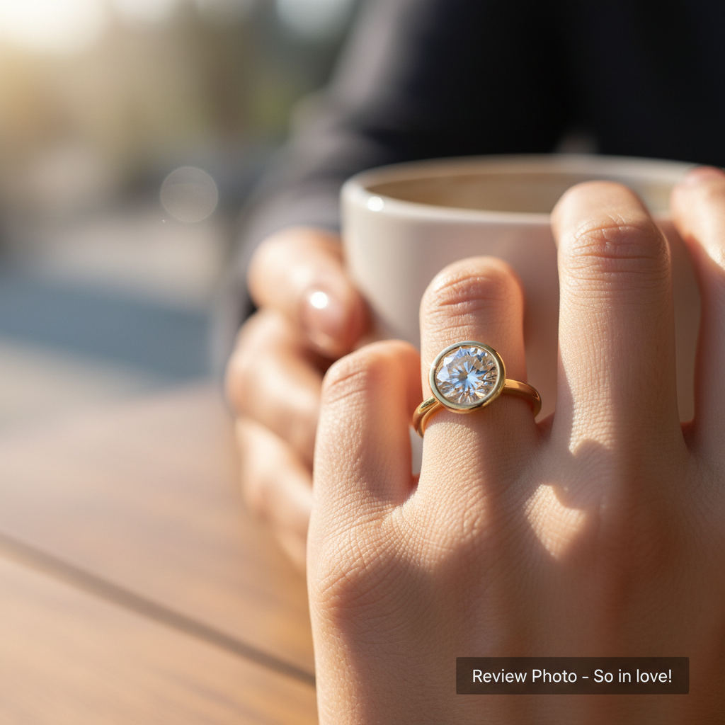 Customer review style photo - woman wearing round bezel diamond solitaire ring gold