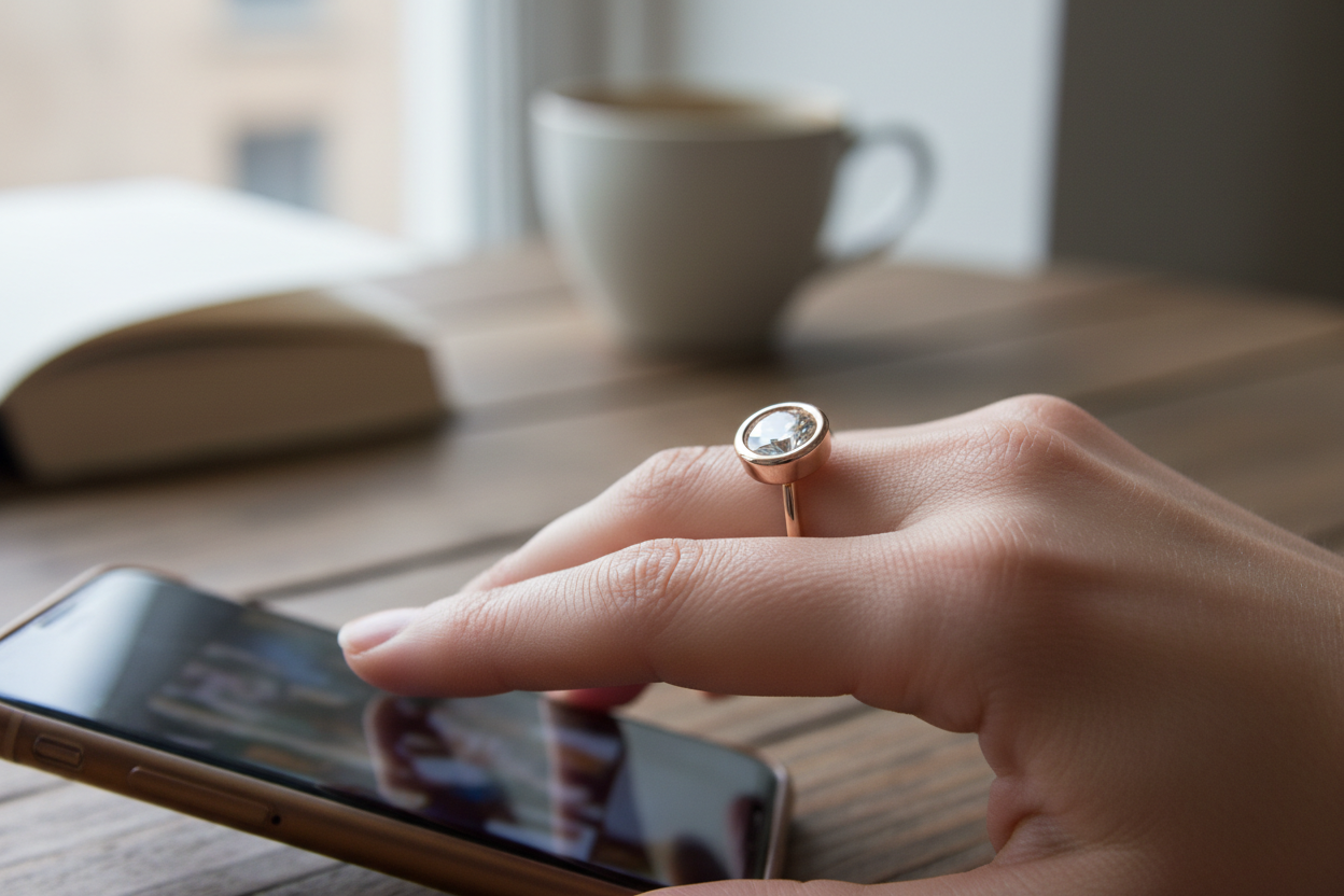 Hyper-realistic UGC customer review photo - woman wearing 0.64ct round bezel diamond solitaire ring rose gold