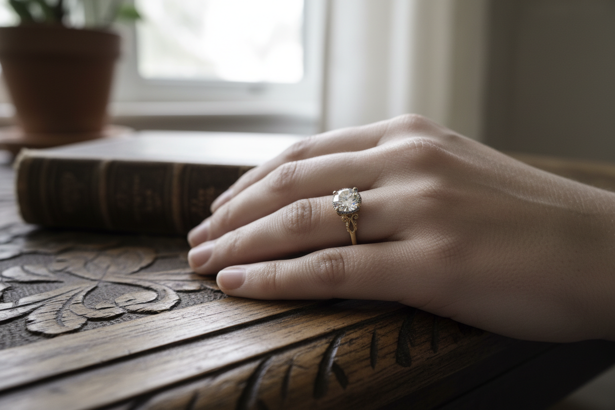 Hyper-realistic UGC customer review photo - woman wearing 1.03ct vintage style round diamond solitaire ring gold