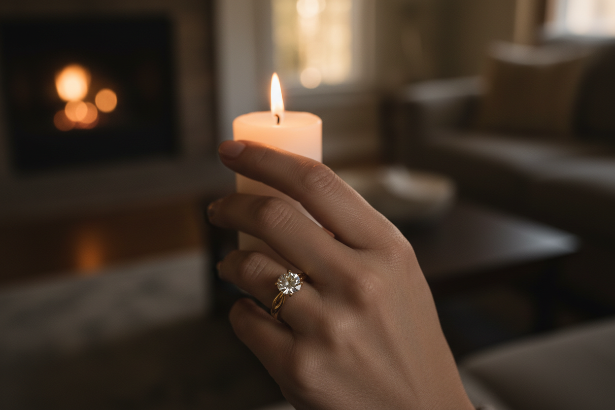 Hyper-realistic UGC customer review photo - woman wearing 1.29ct Eternal Ember round diamond solitaire ring gold