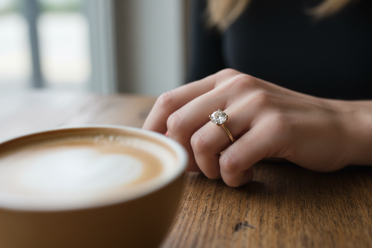 Hyper-realistic UGC customer review photo - woman wearing 1.57ct round brilliant diamond solitaire ring gold