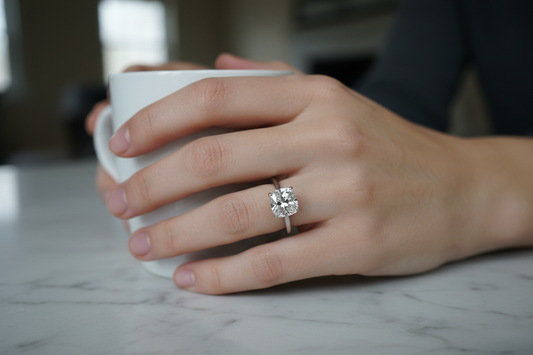 Hyper-realistic UGC customer review photo - woman wearing 1.43ct cushion cut diamond solitaire ring white gold