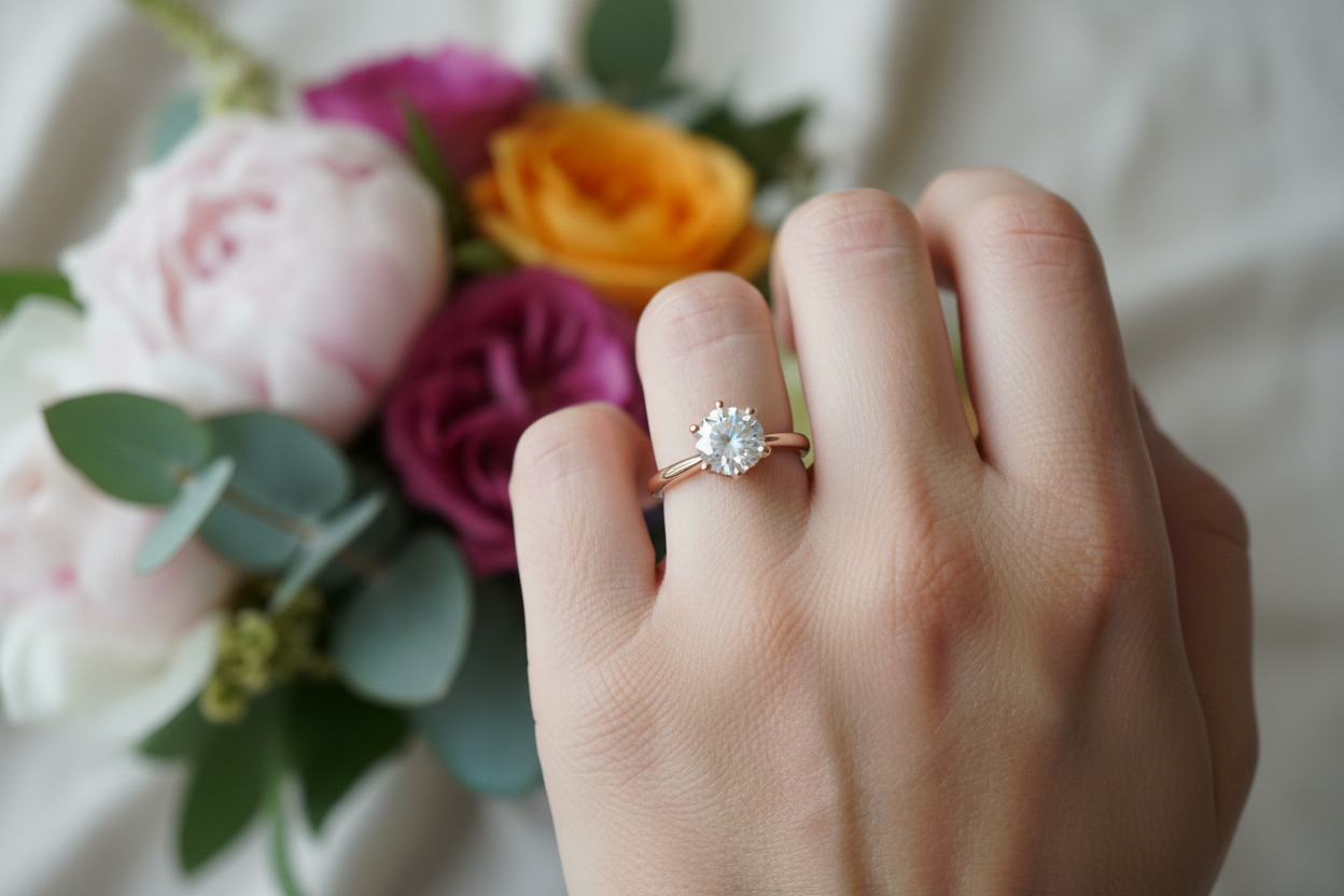 Six-prong round brilliant diamond solitaire ring rose gold - customer review photo