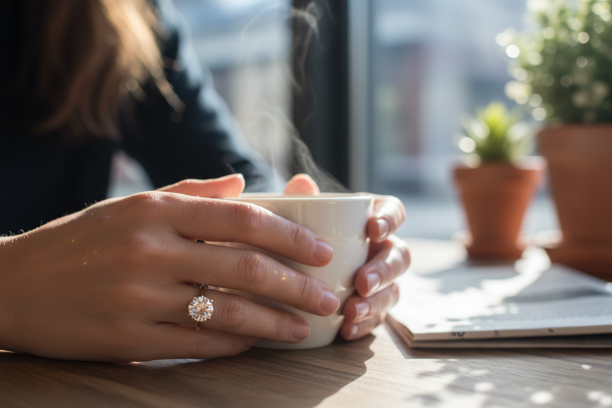 Hyper-realistic UGC customer review photo - woman wearing 1ct Cleva Vivid round diamond solitaire ring gold