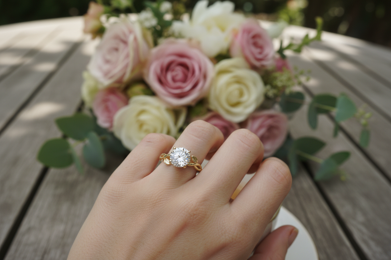 Hyper-realistic UGC customer review photo - woman wearing 1.29ct Everglowing Bloom round diamond solitaire ring gold