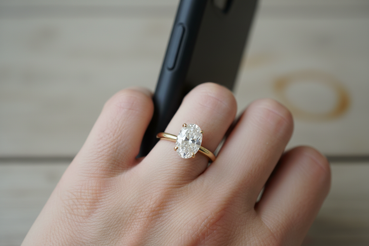 Hyper-realistic UGC customer review photo - woman wearing 0.66ct oval cut diamond solitaire ring gold