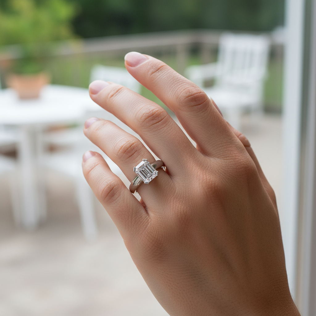 Customer review style photo - woman wearing 1.41ct emerald cut diamond solitaire ring white gold