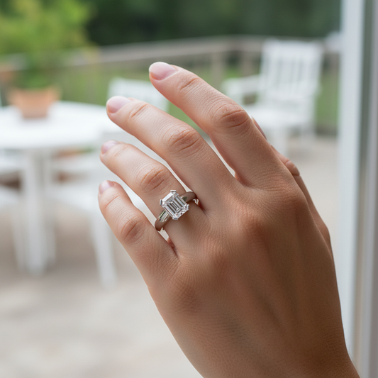 Customer review style photo - woman wearing 1.41ct emerald cut diamond solitaire ring white gold