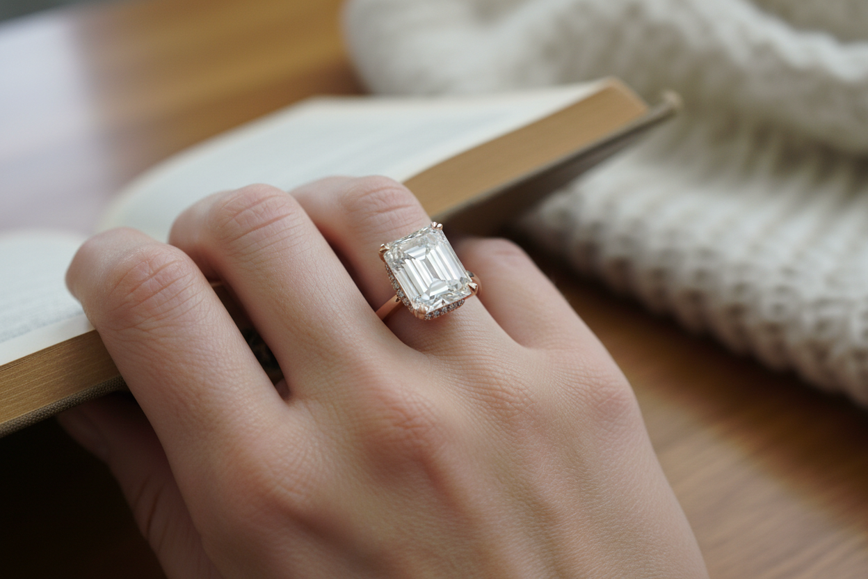 Hyper-realistic UGC customer review photo - woman wearing 2.50ct emerald cut hidden halo diamond ring rose gold